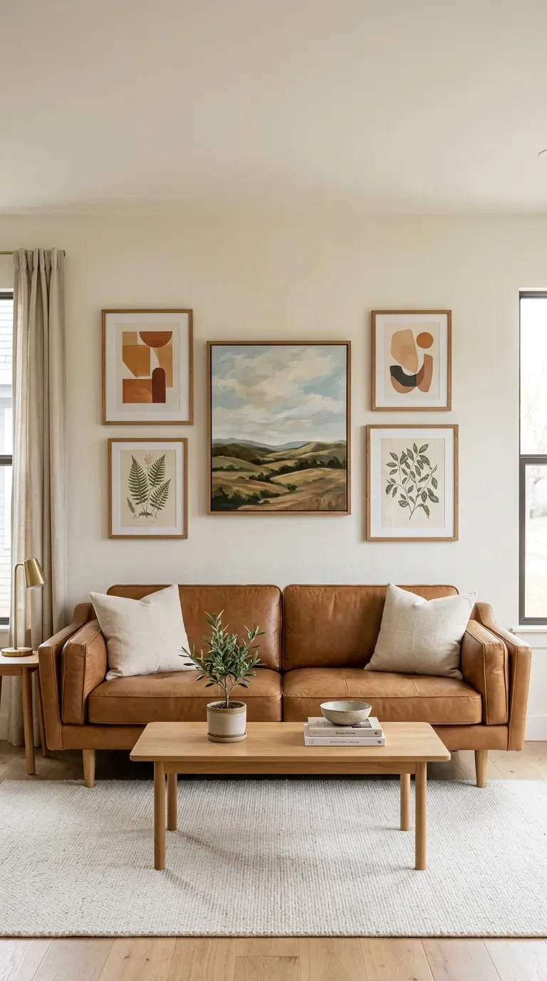 tan brown leather sofa with gallery wall of framed prints in warm wooden frames above in styled living room