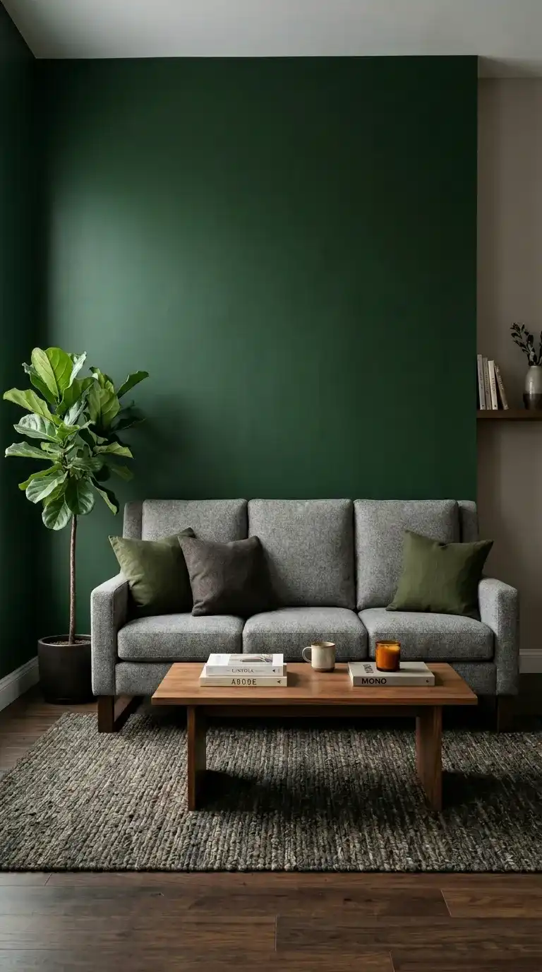gray tweed sofa with olive cushions and wood coffee table against deep forest green statement wall in dramatic living room