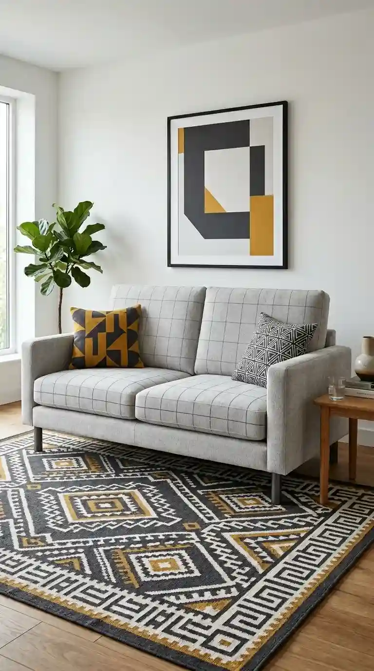 light grey chenille sofa with topstitch grid cushions and bold geometric patterned rug in charcoal and mustard