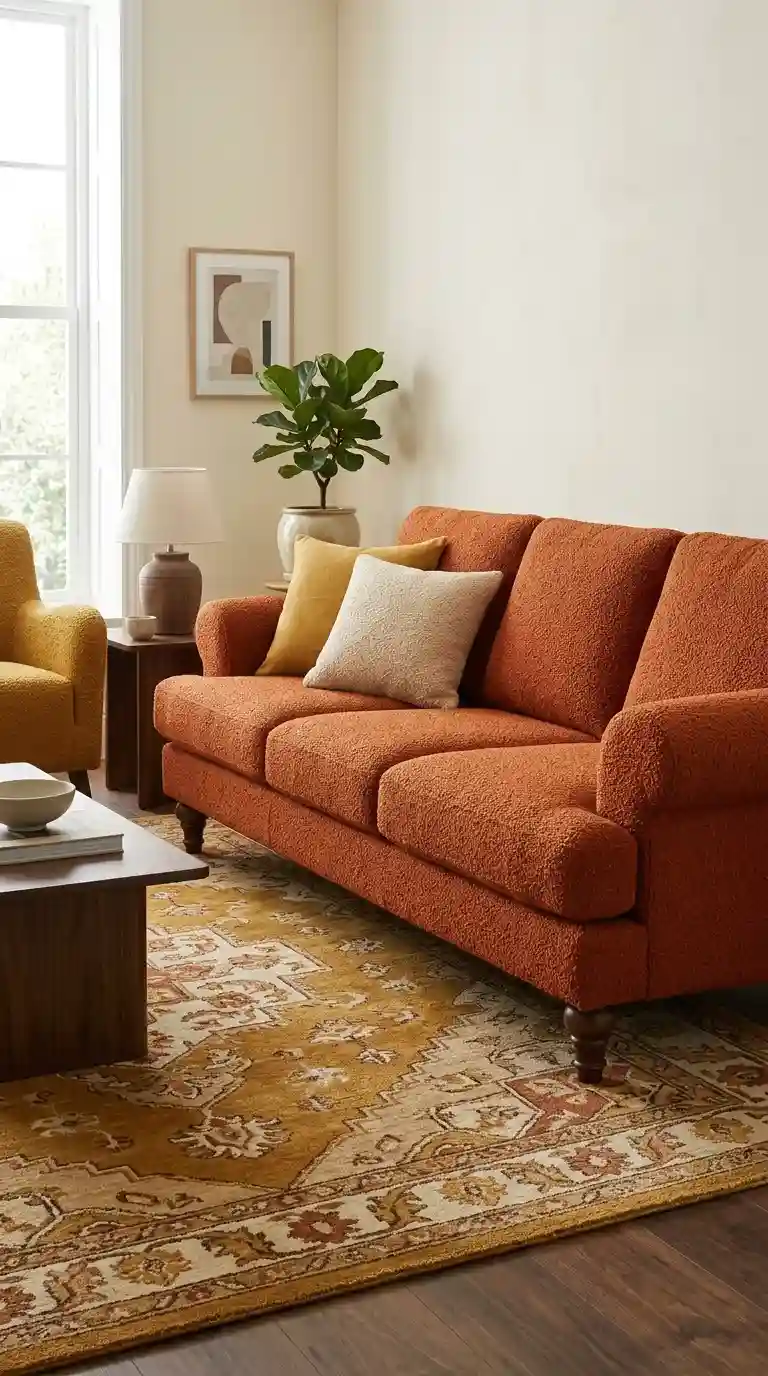 Orange bouclé sofa with walnut turned legs mustard and cream cushions mustard armchair ochre rug and pale cream sand painted walls