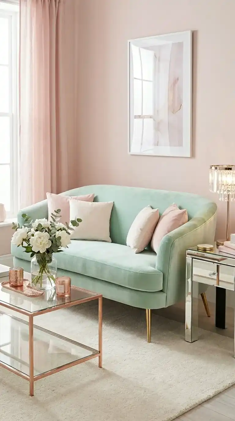 Mint green velvet sofa with gold legs close up with white peonies, mirrored side table, rose gold accessories, and sheer blush curtains
