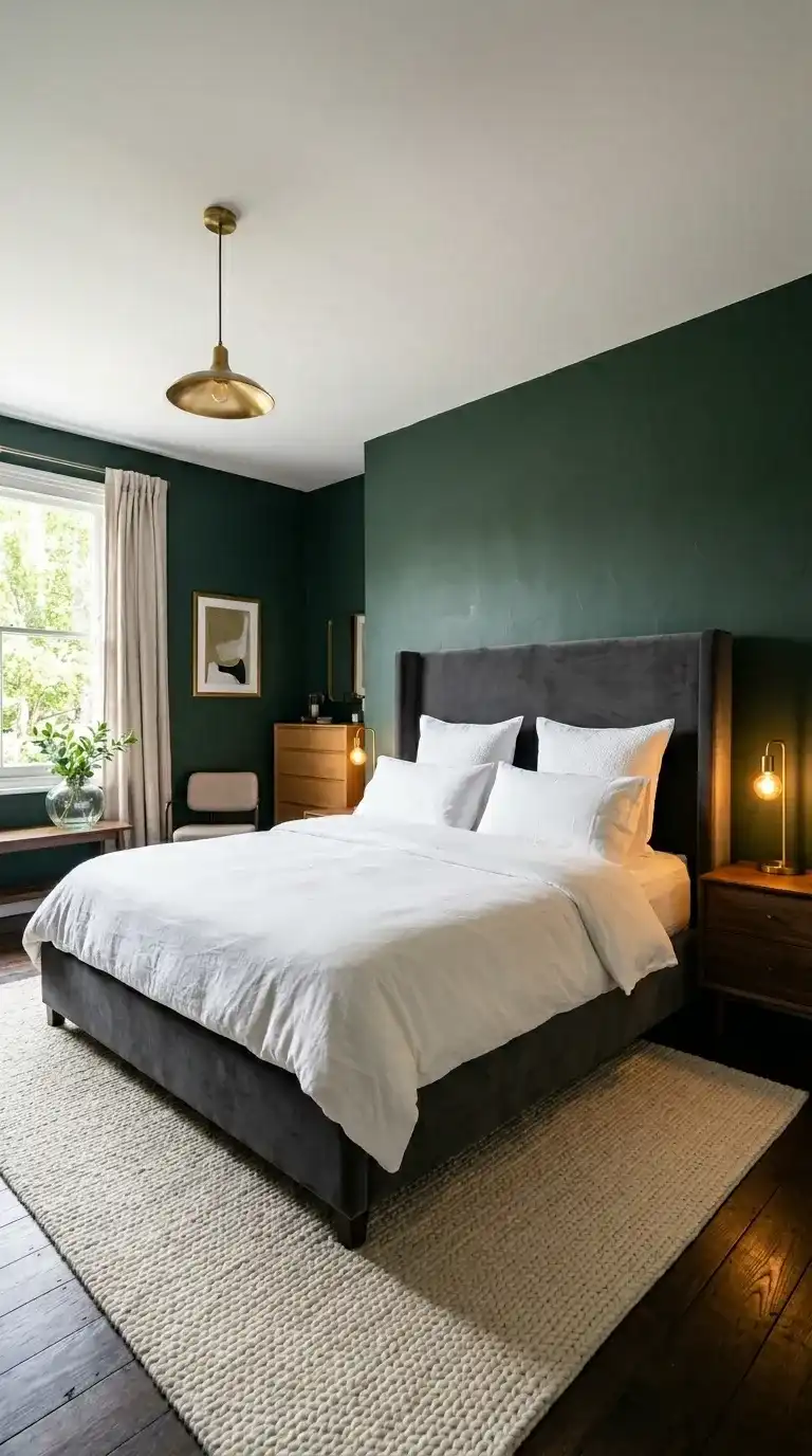 Modern luxury bedroom with deep forest green matte walls charcoal velvet headboard crisp white bedding and warm brass bedside lamp glow