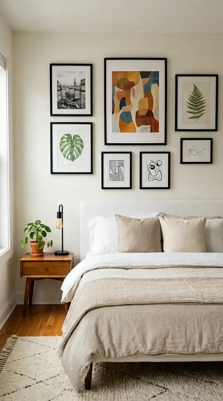 modern bedroom with curated gallery wall of eight black framed art prints above white upholstered bed