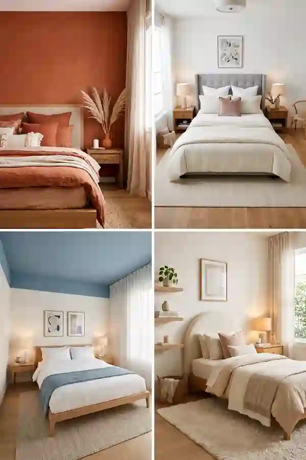 Cute bedroom ideas collage featuring four cozy, modern bedroom designs with warm neutral tones, soft textures, natural wood accents, and bright, inviting decor.
