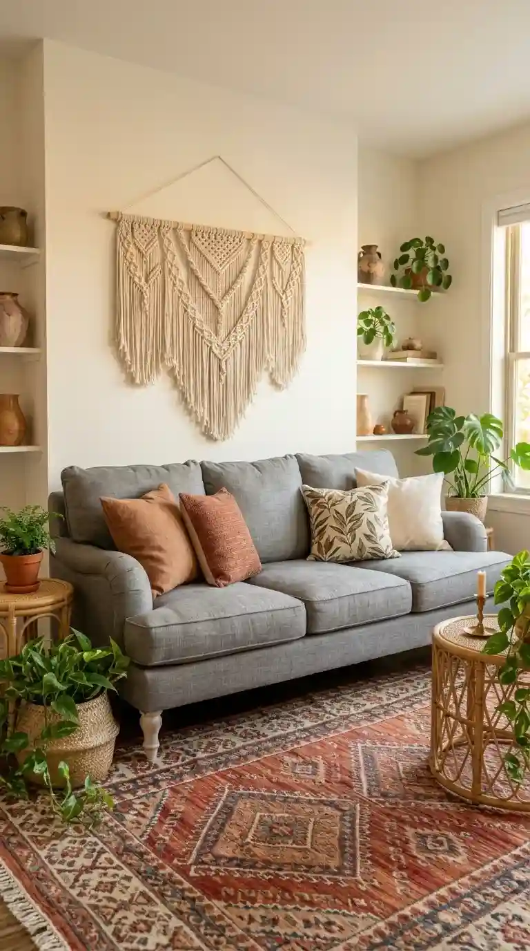 gray linen sofa with kilim rug, rattan side tables, macrame wall hanging, and mixed boho cushions in warm living room