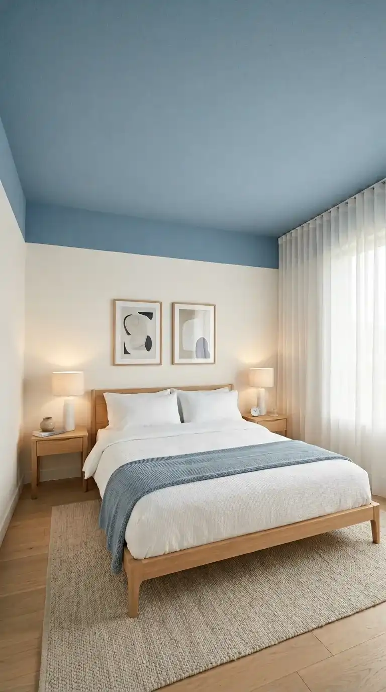 bedroom with soft dusty blue painted ceiling white walls low wood platform bed and blue knit throw