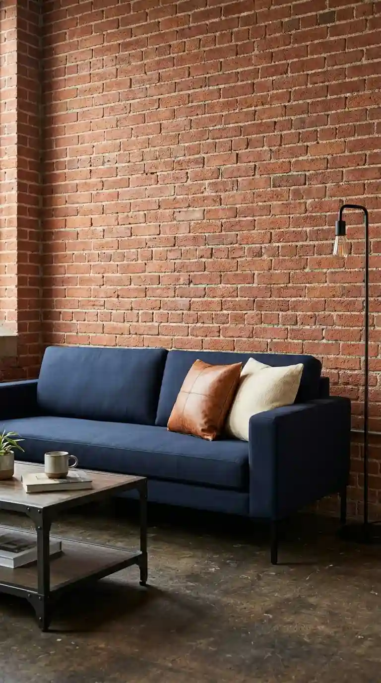 Dark navy sofa with matte black legs cognac and ivory cushions against raw exposed red terracotta brick wall with industrial metal lamp
