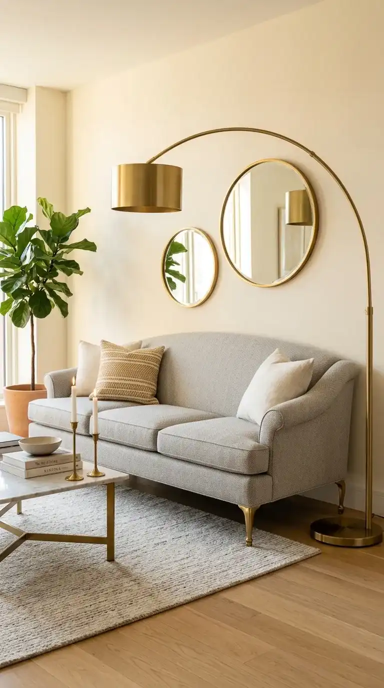 elegant light grey herringbone sofa with gold brass legs, cream cushions, and brushed gold lamp beside it