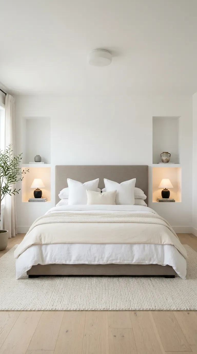 Luxury bedroom with built-in recessed wall niches on each side of bed holding lamp book and ceramic object on clean white walls