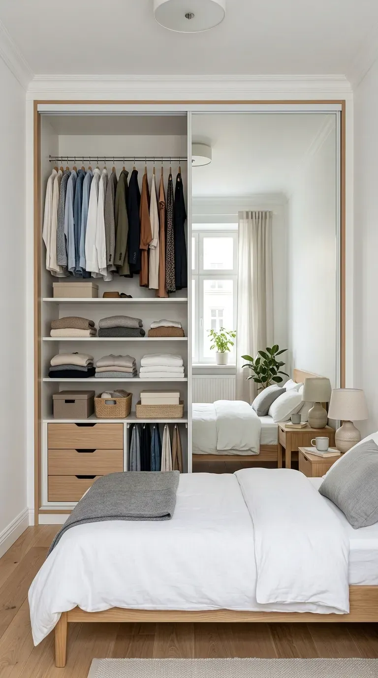 Custom built-in floor to ceiling closet with one sliding mirrored door open showing organized hanging clothes and shelves