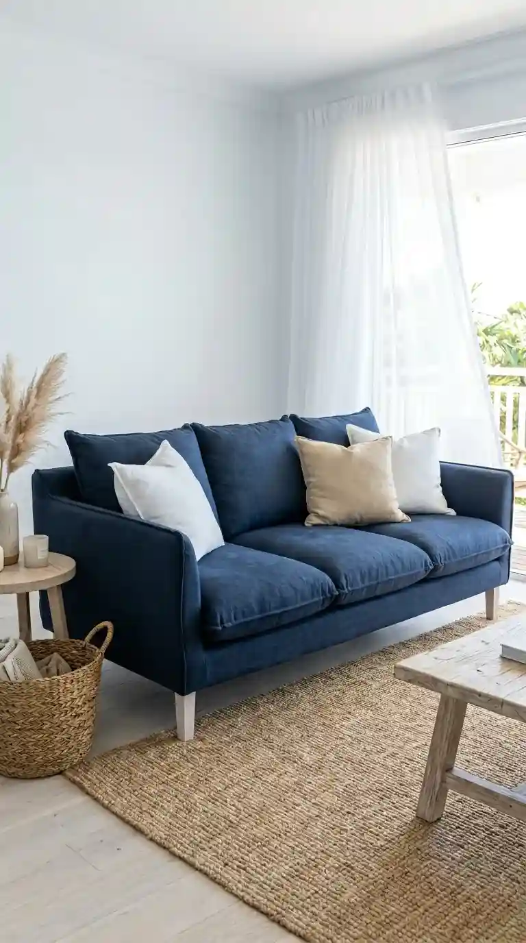 Navy blue linen sofa with whitewashed wood legs and white linen pillows in a bright coastal room with sheer curtains and driftwood