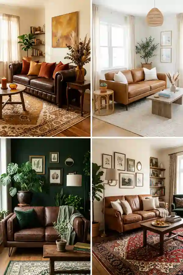 Collage of four stylish brown leather sofa living room designs, featuring cozy decor, warm neutral tones, indoor plants, and modern rustic accents for home inspiration.