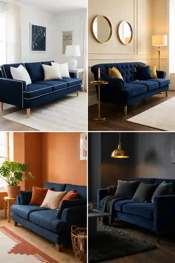 Collage of four stylish navy blue sofa living room ideas, featuring modern, elegant, cozy, and moody interiors with complementary décor, warm accents, and contemporary design elements.