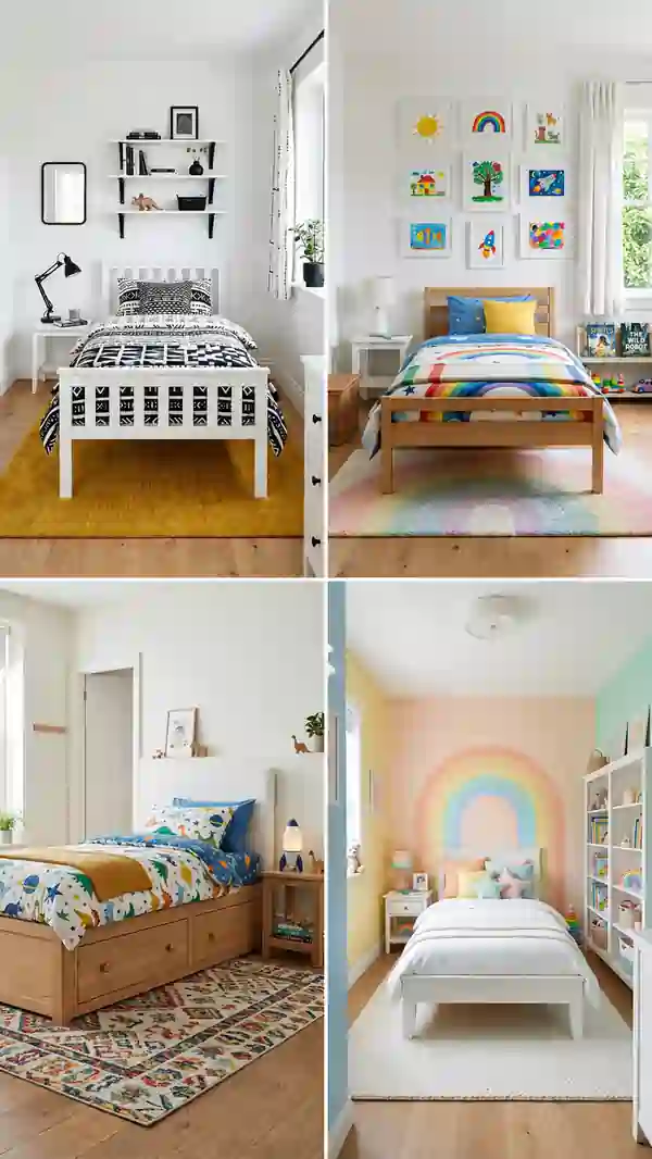 Collage of four stylish kids bedroom ideas featuring modern, rainbow-themed, dinosaur-inspired, and pastel bedroom designs with colorful decor, cozy bedding, and kid-friendly furniture.