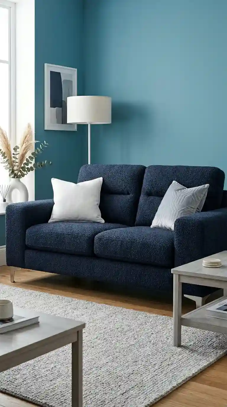 Dark navy chunky weave sofa with silver legs white and grey cushions against lighter teal blue wall with light grey rug and silver accents