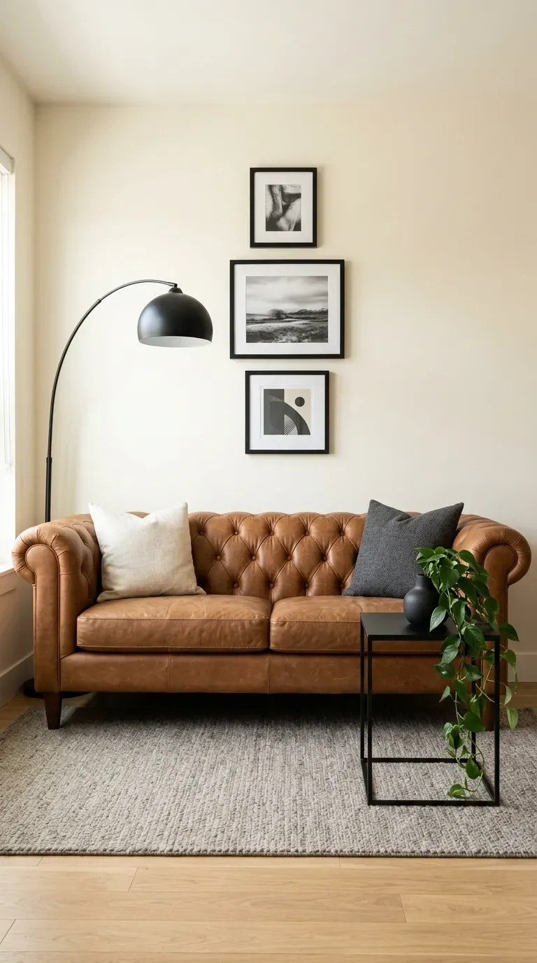 medium brown leather sofa with matte black side table black frames and arc floor lamp in modern living room