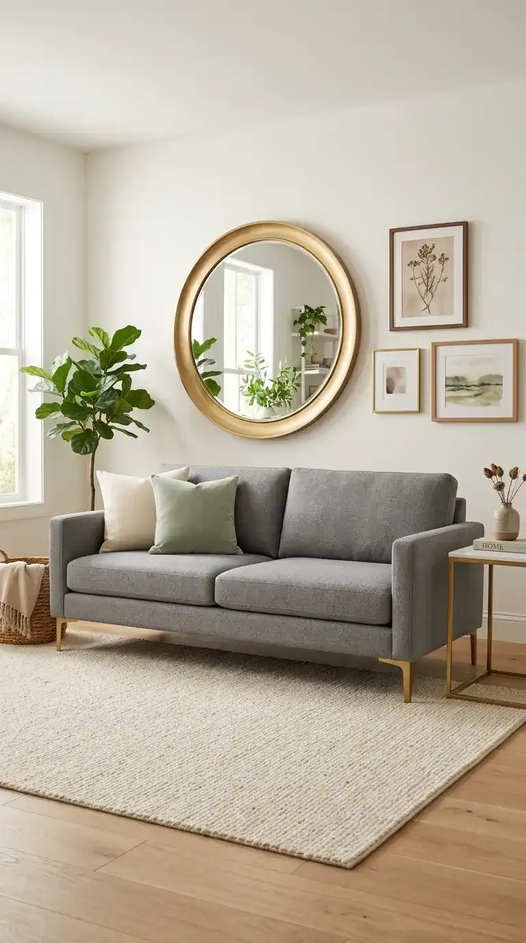 gray sofa living room ideas with gold-framed round mirror above sofa, botanical prints on wall, and marble side table