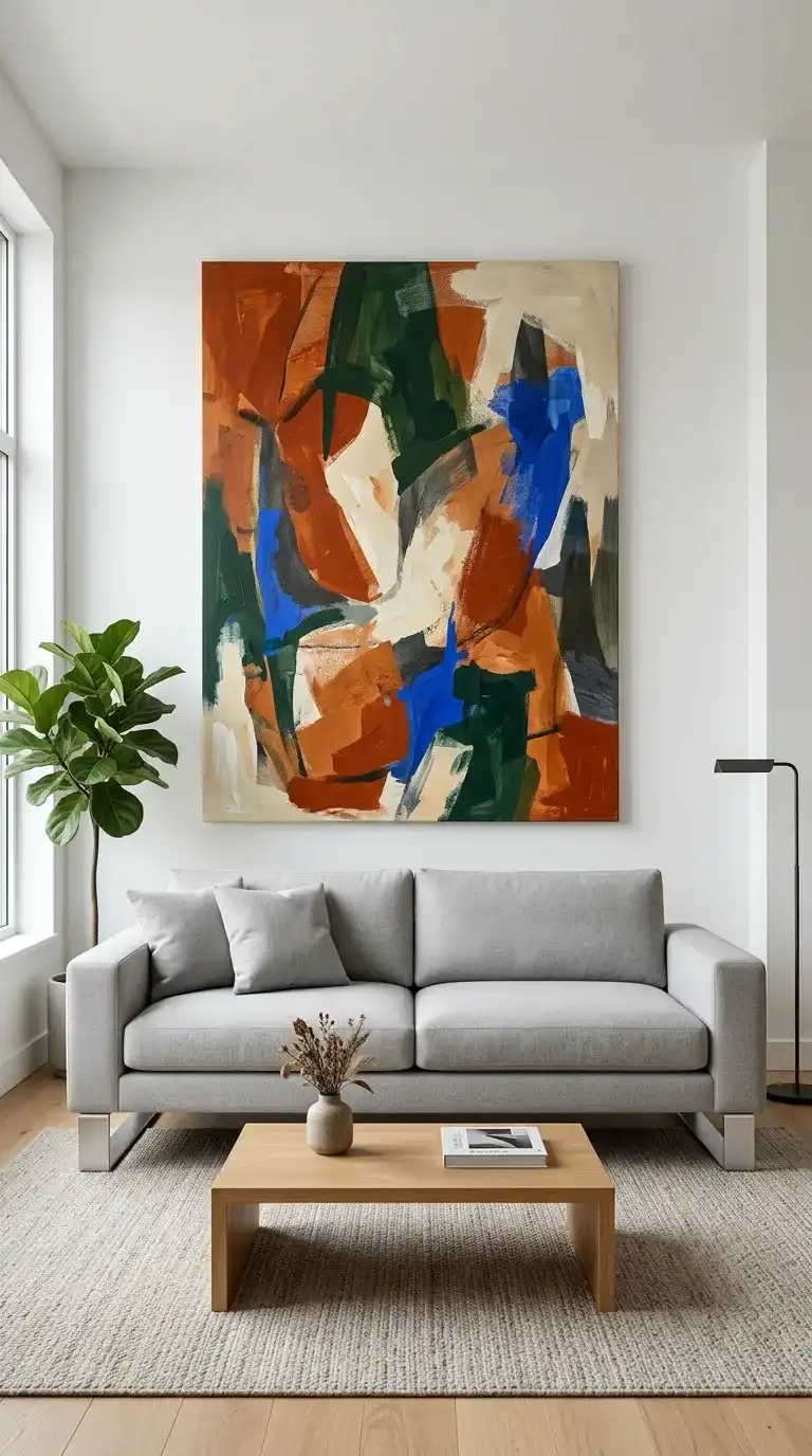light grey sofa living room ideas with seamless cushions and large bold rust and cobalt canvas art behind
