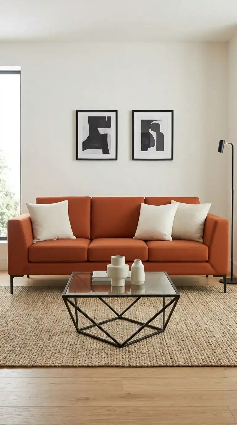 Orange sofa living room with angular arms matte black legs ivory cushions black frames black coffee table and black floor lamp