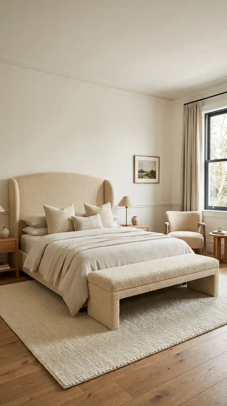 Modern luxury bedroom with cream bouclé curved headboard bouclé cushions bouclé bench at foot and bouclé armchair in the corner