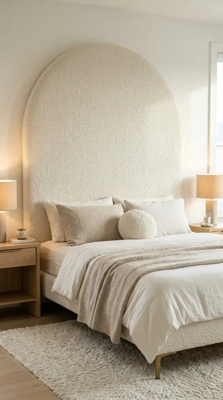 luxury bedroom with tall arched cream boucle headboard layered ivory bedding and brushed gold bed frame legs