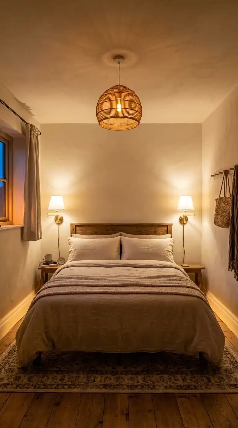 Tiny bedroom with three lighting layers including a rattan pendant, wall reading sconces, and LED strip behind the headboard