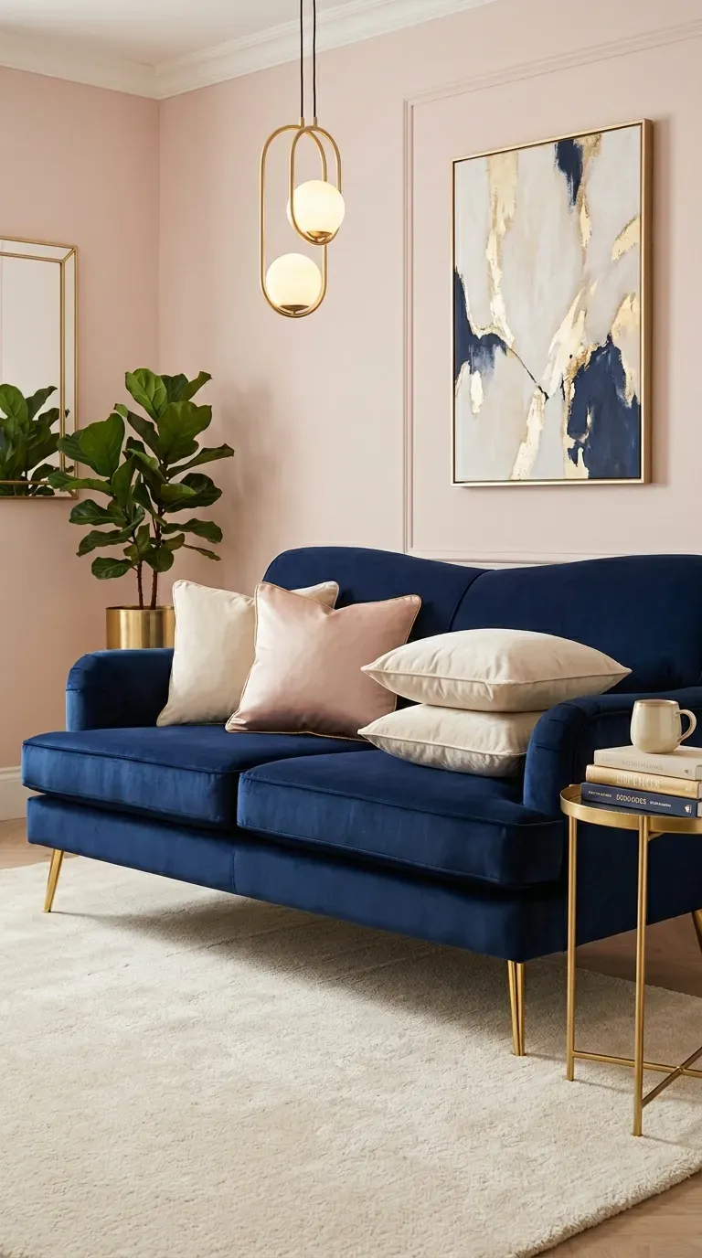 Navy blue sofa living room ideas with gold-plated legs, cream velvet cushions, and blush walls in a full glam gold styled space