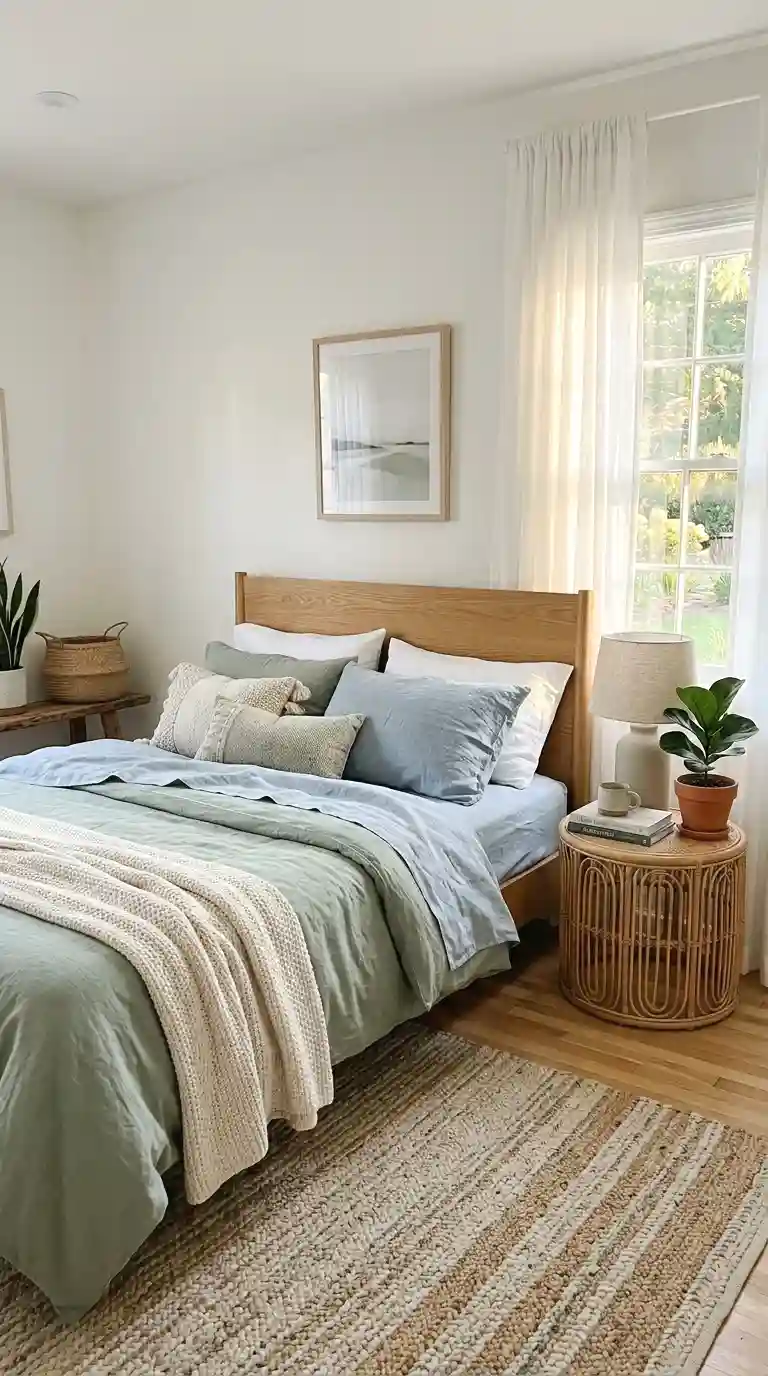 Blue and green bedroom with linen bedding, rattan furniture and sheer curtains