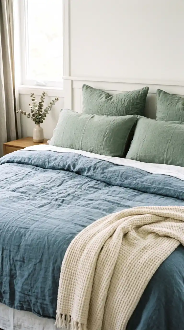 layer dusty blue and sage green with linen bedding