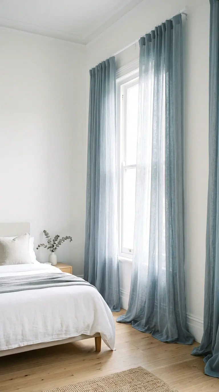hang sheer blue curtains to add softness and height