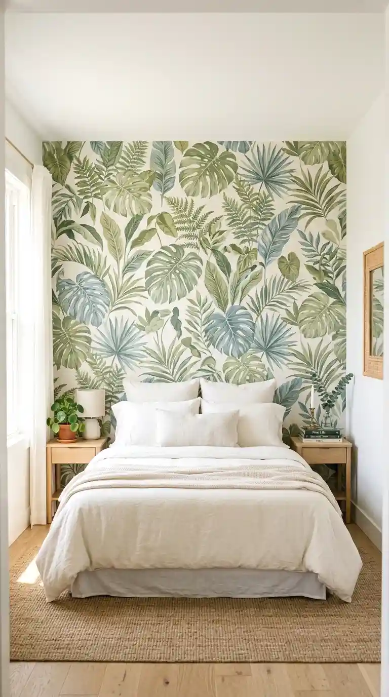 use peel-and-stick wallpaper with a botanical pattern