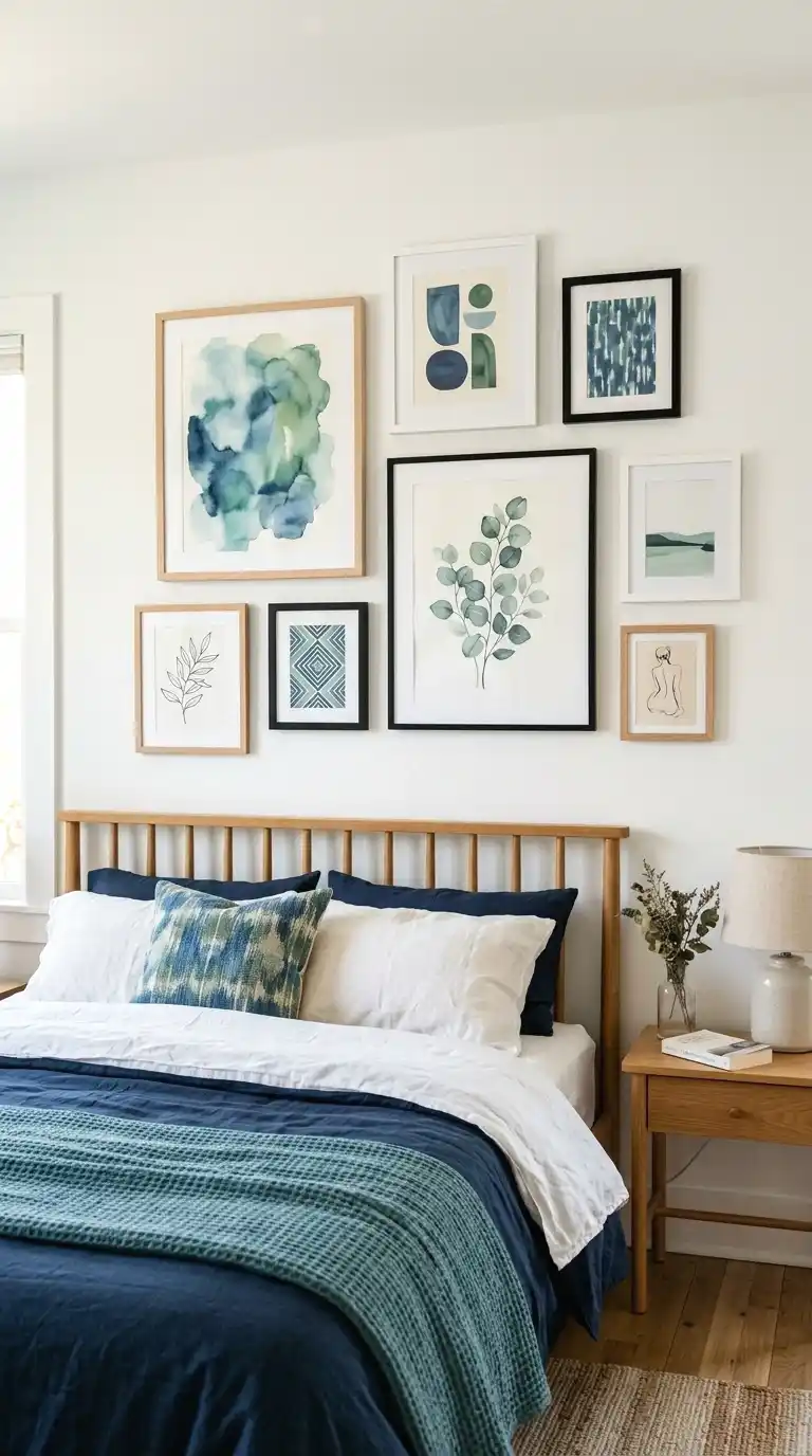 style a gallery wall using blue and green art prints