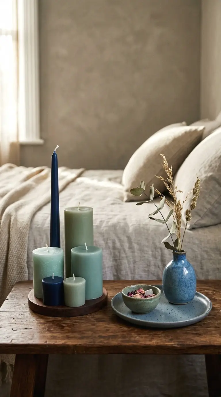 use blue and green candles and ceramic accessories