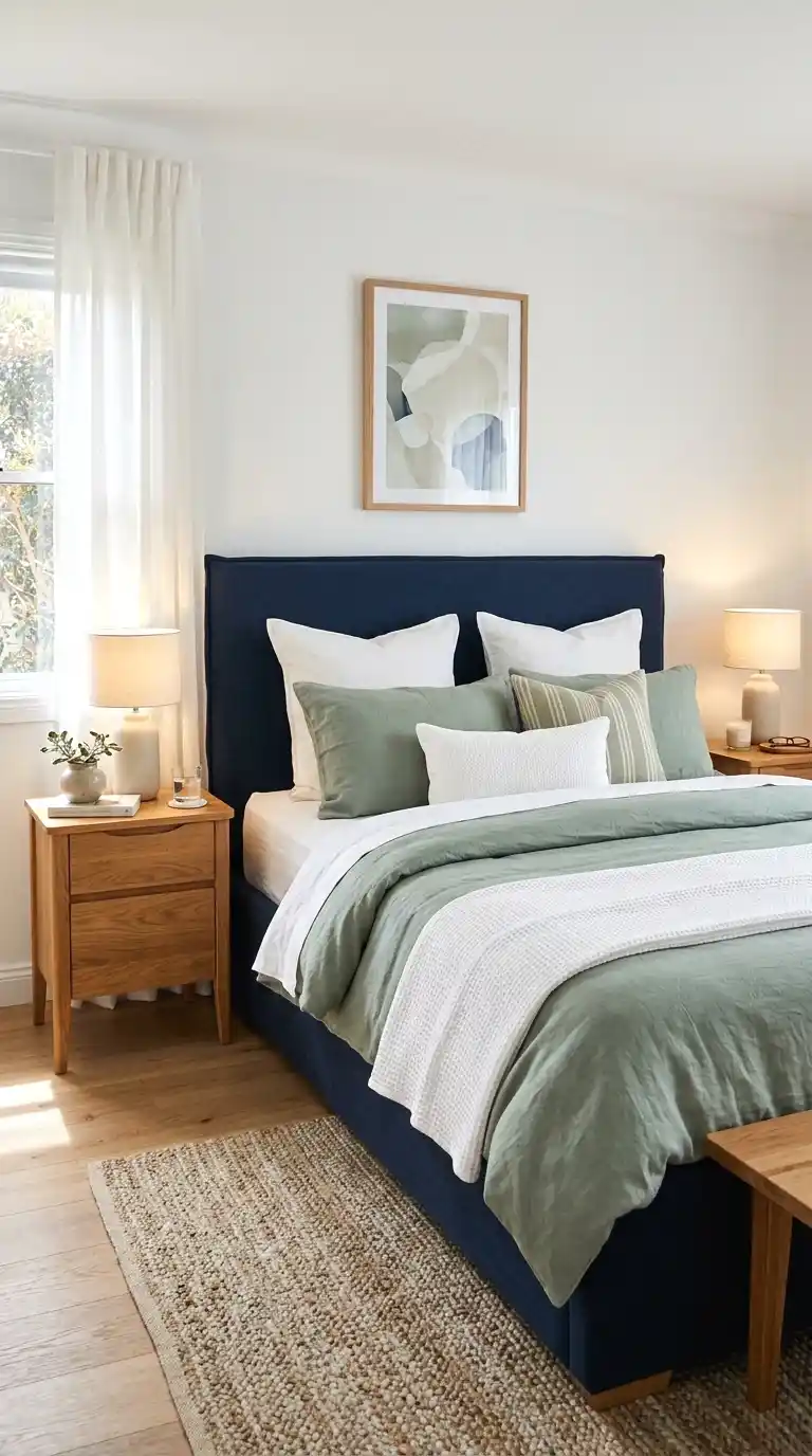use a navy blue bed frame as your anchor piece