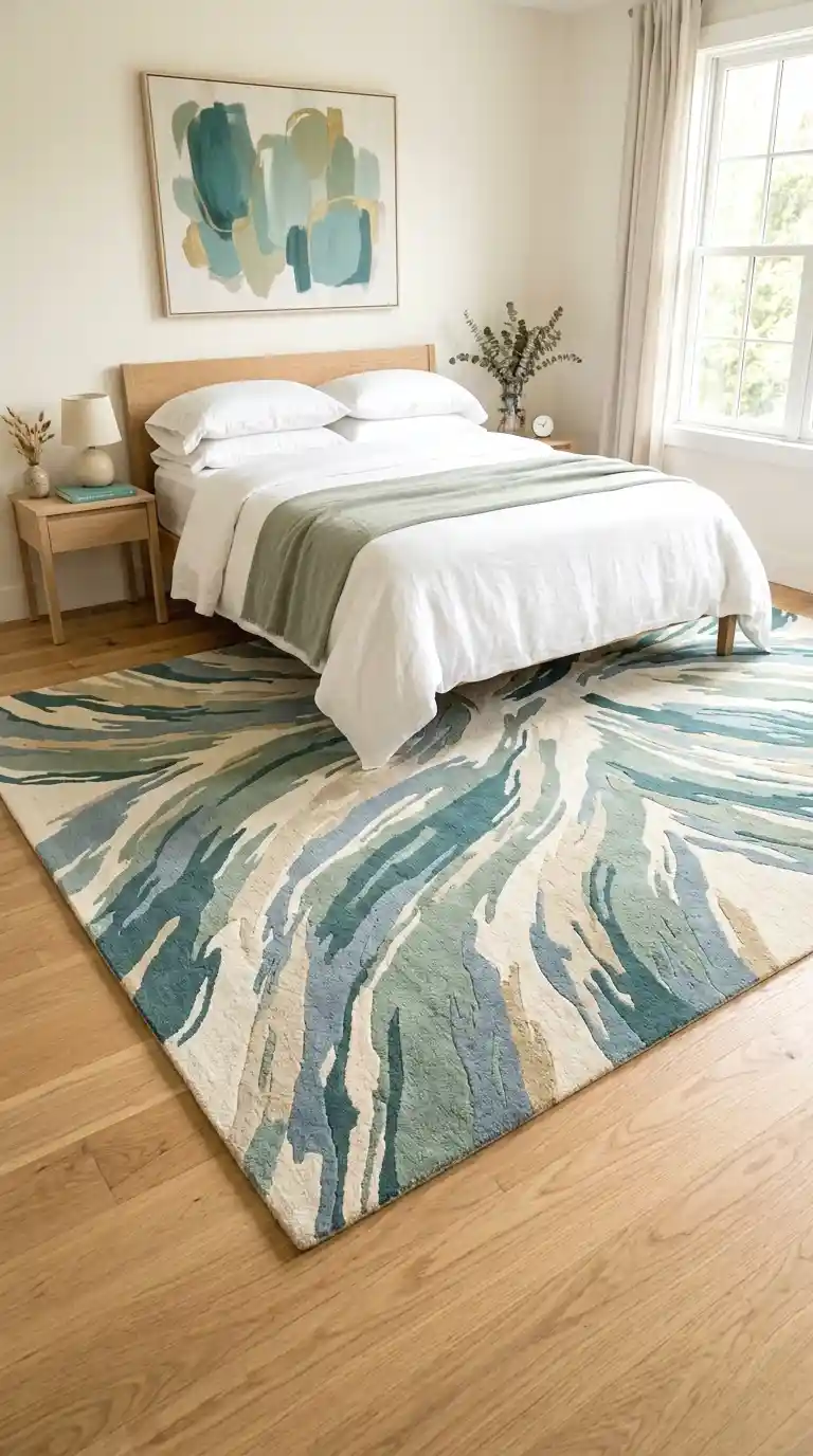add a blue and green abstract rug to anchor the room