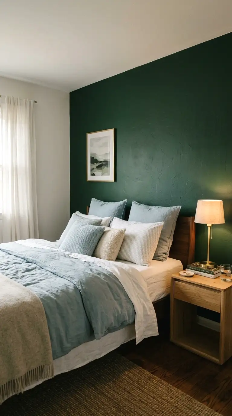 try a forest green accent wall behind the bed