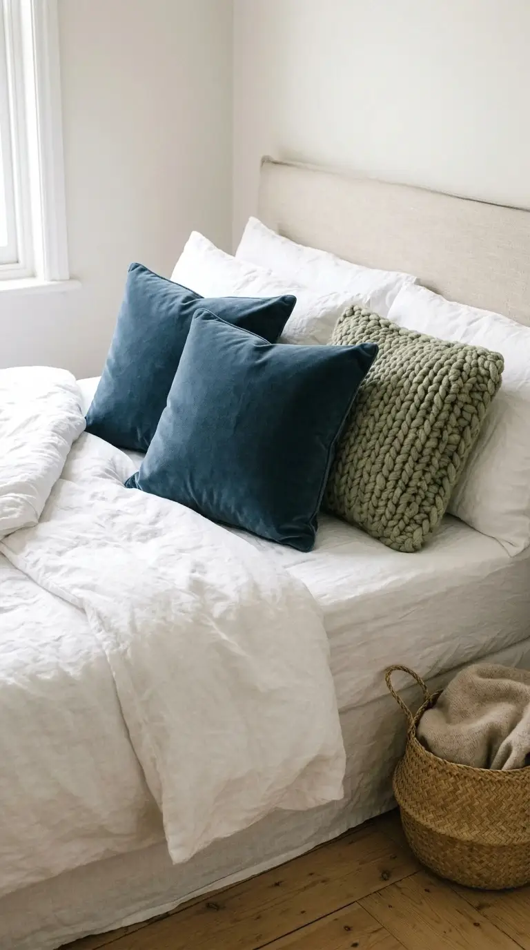 mix velvet blue cushions with green woven accents