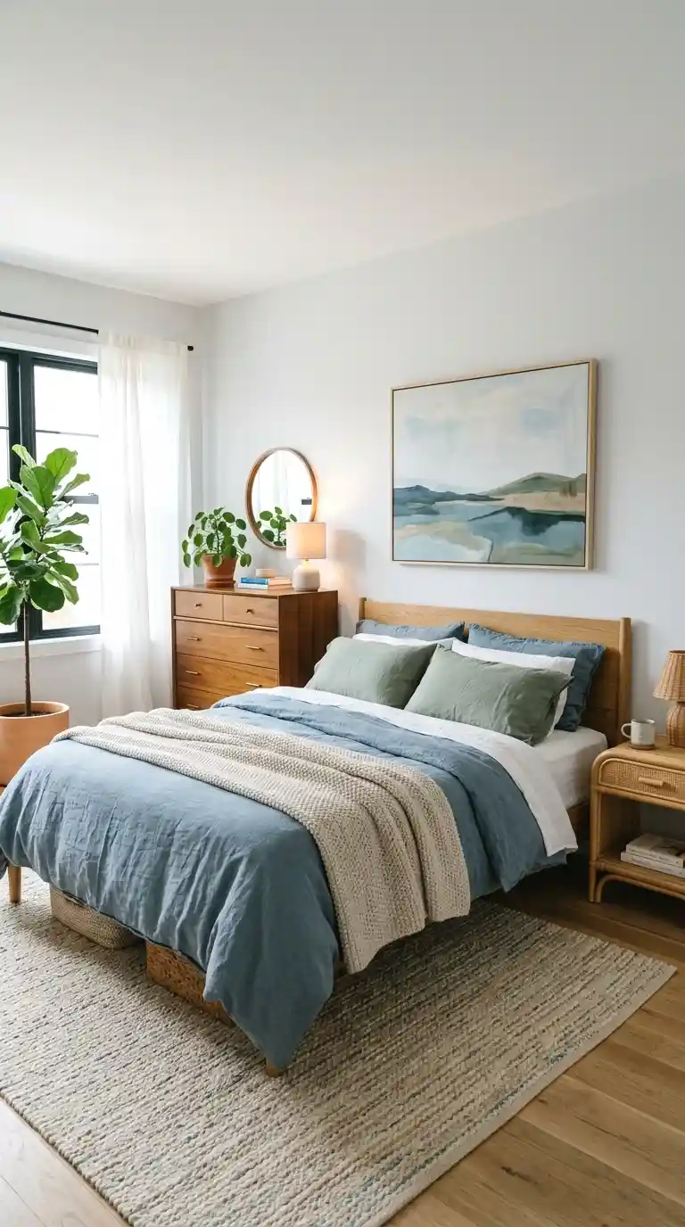 layer blue and green with warm wood tones for balance
