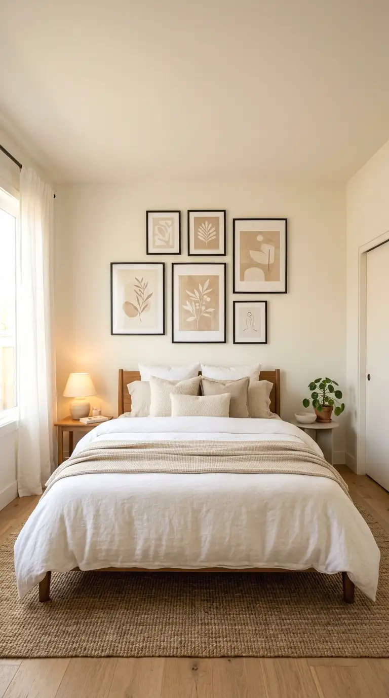 Cozy bedroom with a curated gallery wall of mixed framed art posters in black frames above a neatly made bed with white linen bedding and warm ambient lighting