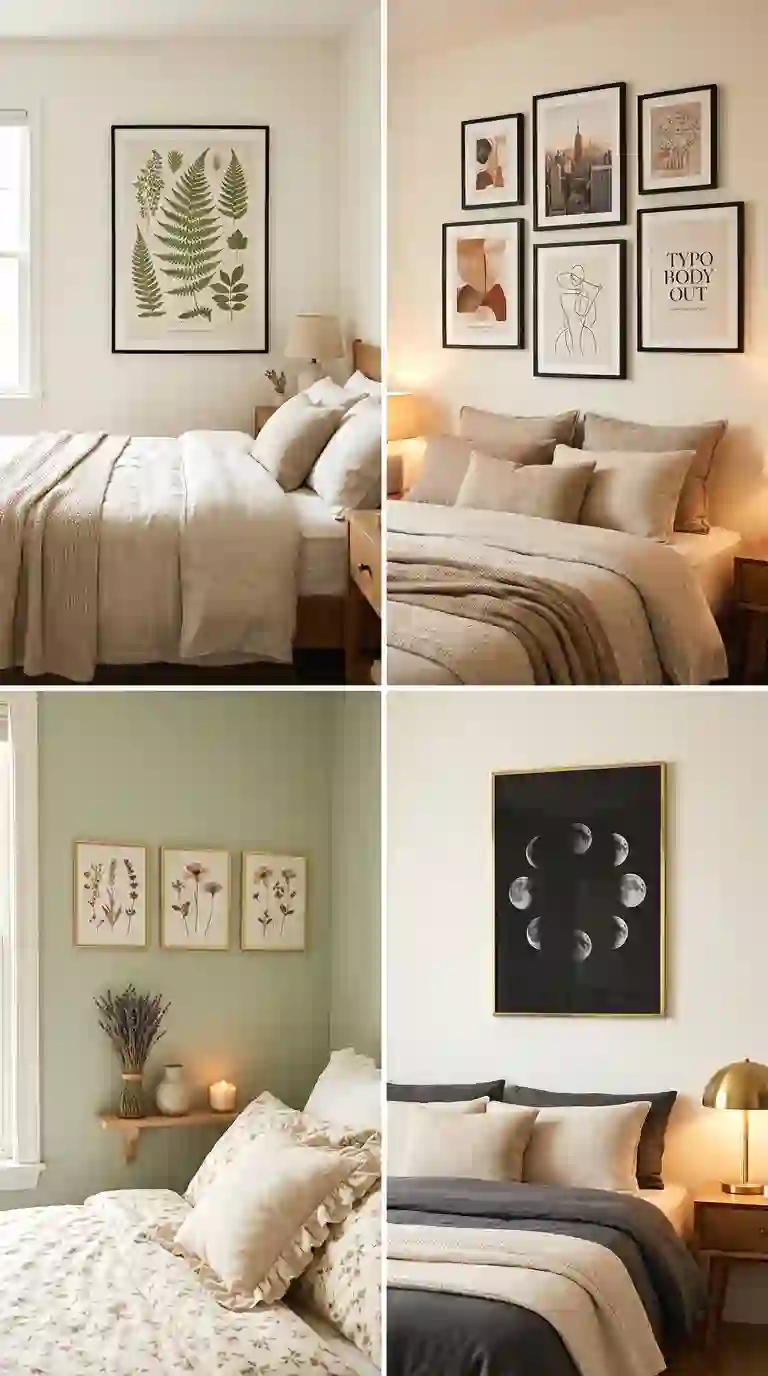 Four cute posters for bedroom ideas collage showing an oversized botanical print above a bed, a balanced gallery wall, pressed flower posters in gold frames, and a moon phase poster in a cozy bedroom