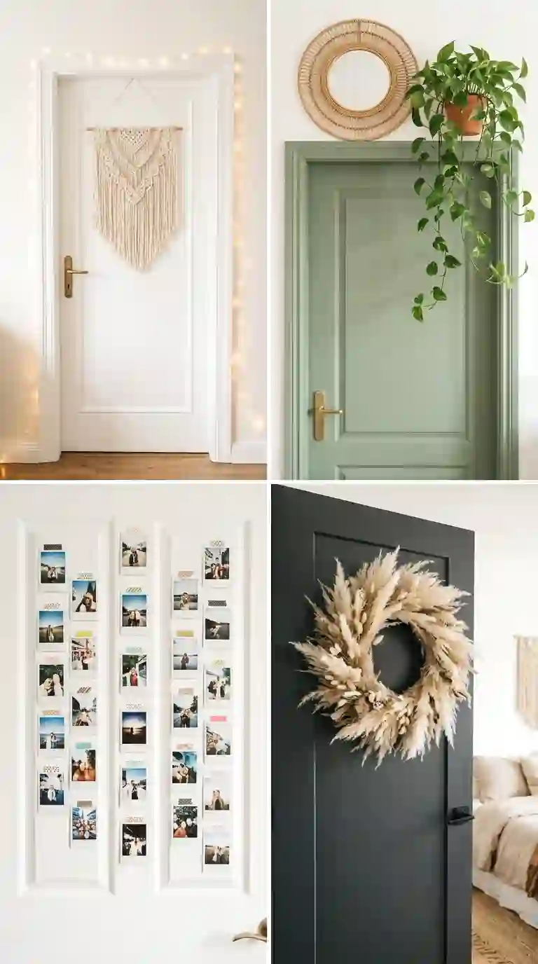 Four door decorations bedroom ideas including macrame, rattan mirror, polaroid gallery, and dried pampas wreath.