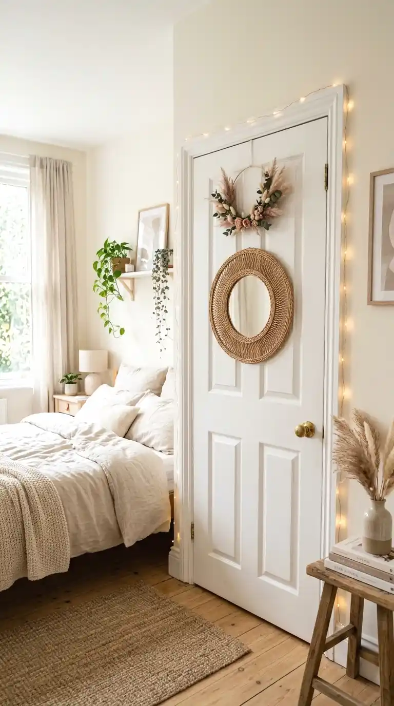 Door Decorations Bedroom Ideas with a styled white door featuring a rattan mirror, blush wreath, and warm fairy lights around the frame