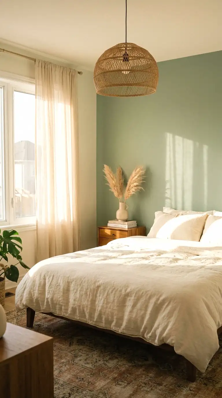 Sage green accent wall bedroom with linen bedding and warm light Green Accent Wall Bedroom Ideas