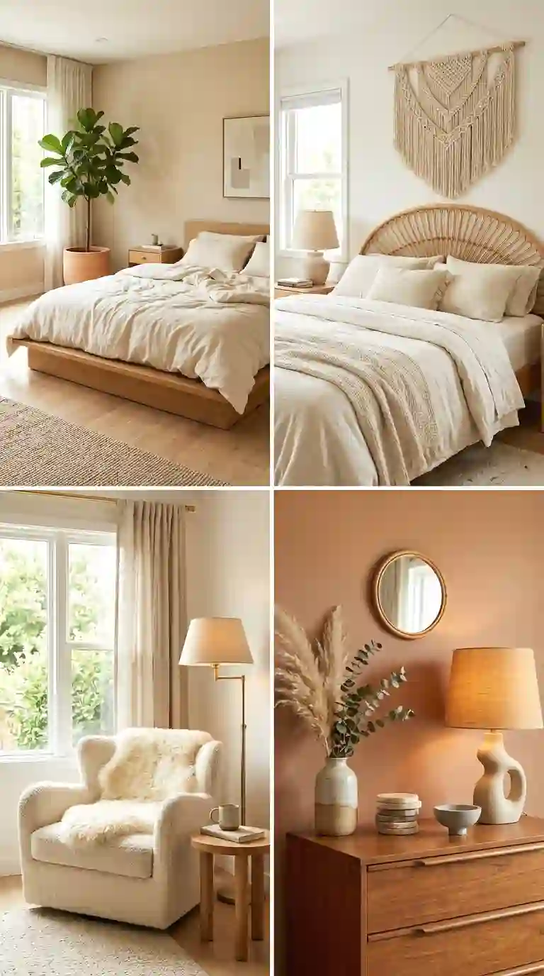 Collage of organic modern bedroom ideas with a low oak bed, rattan headboard, cozy reading nook, and styled dresser in warm neutral tones.