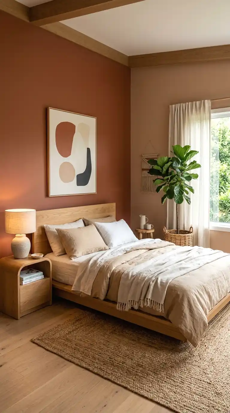 Organic modern bedroom with a low oak platform bed, warm clay accent wall, linen bedding, jute rug, and a large leafy plant.