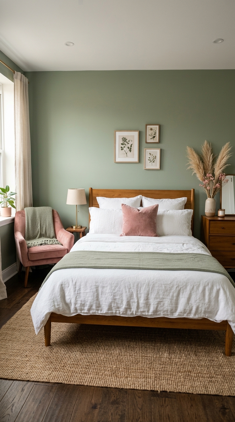 pair sage green with dusty pink accents