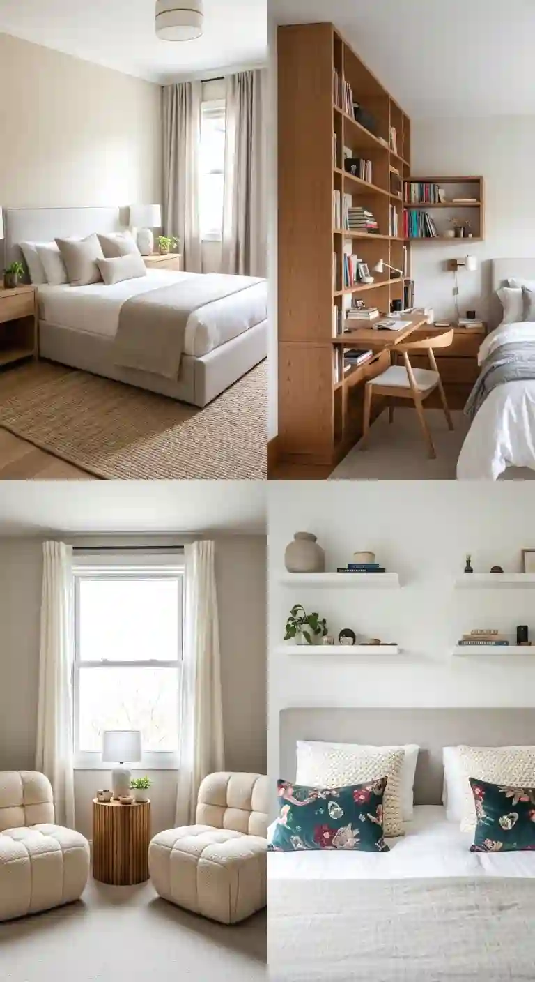 Collage of shared bedroom ideas showing a unified linen headboard bed, slatted room divider, cozy reading corner with bouclé chairs, and styled bed with personalized pillows on each side.