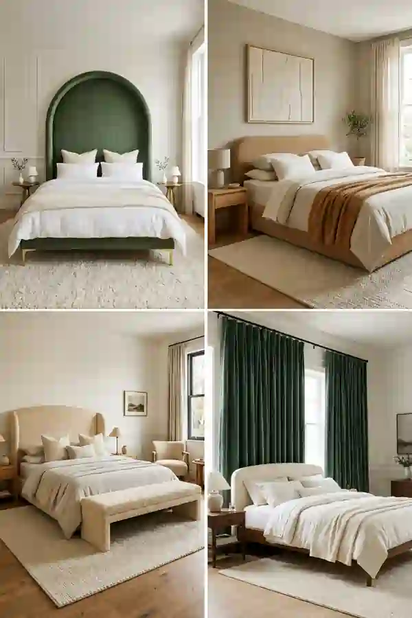 Modern luxury bedroom collage featuring four elegant bedroom designs with upholstered beds, soft neutral palettes, textured rugs, and refined contemporary decor.