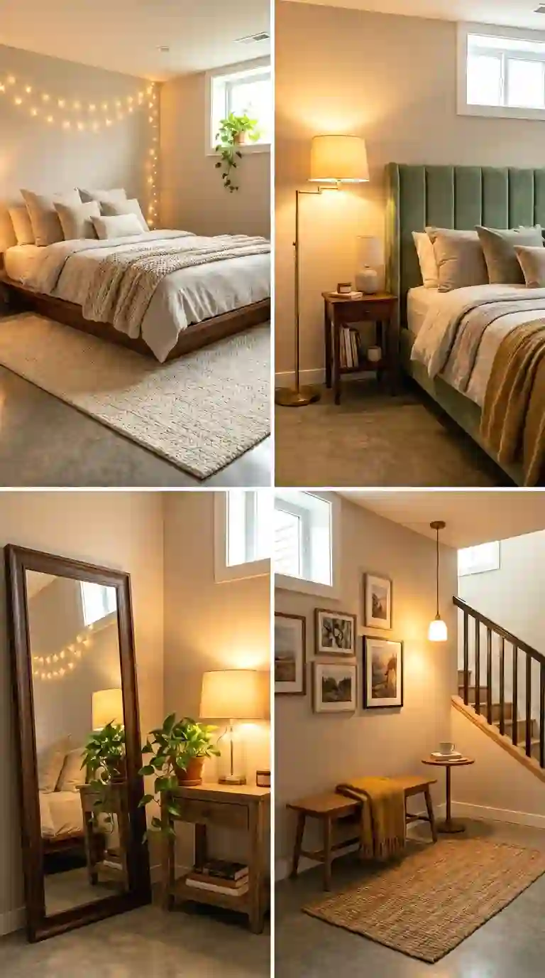 Collage of basement bedroom ideas showing cozy bed styling, a velvet headboard, a leaning mirror, and a stairway reading nook