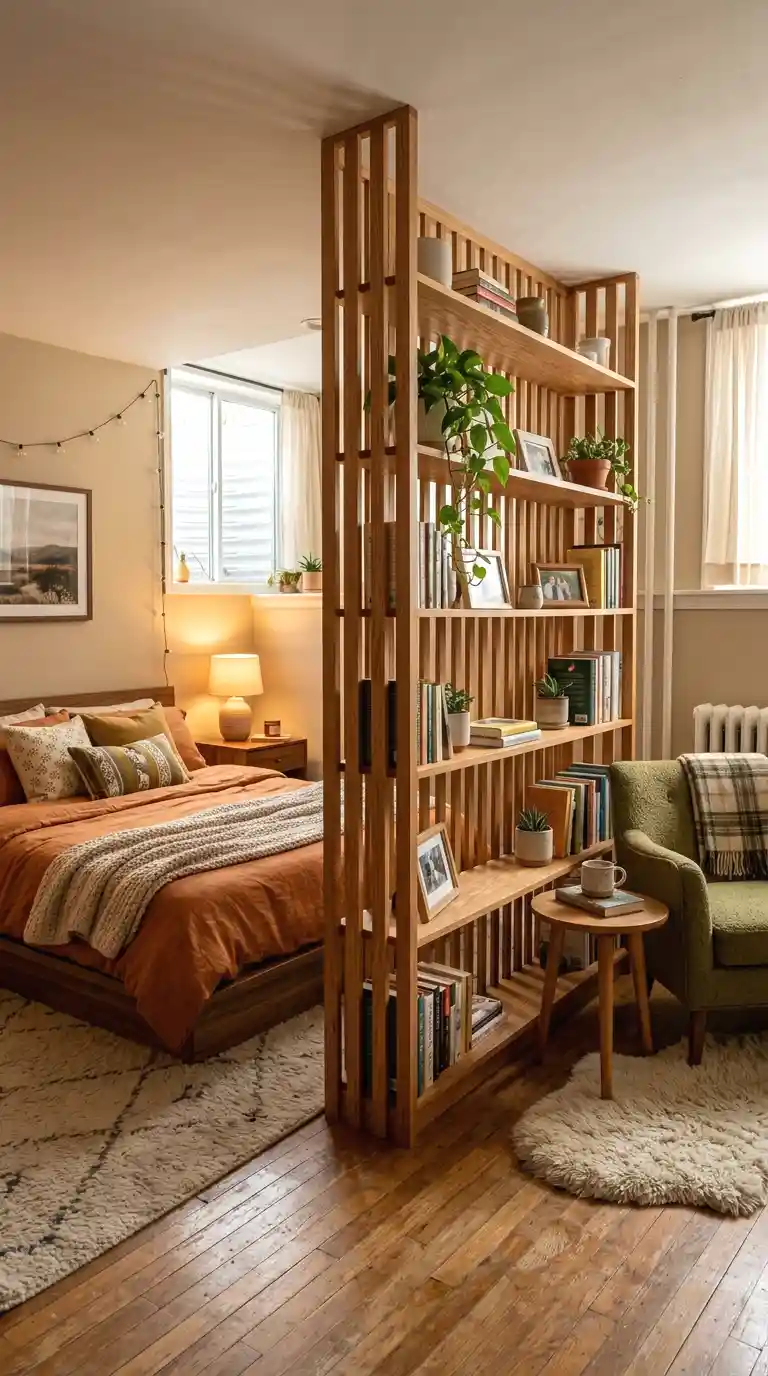 define zones with a folding screen or bookshelf